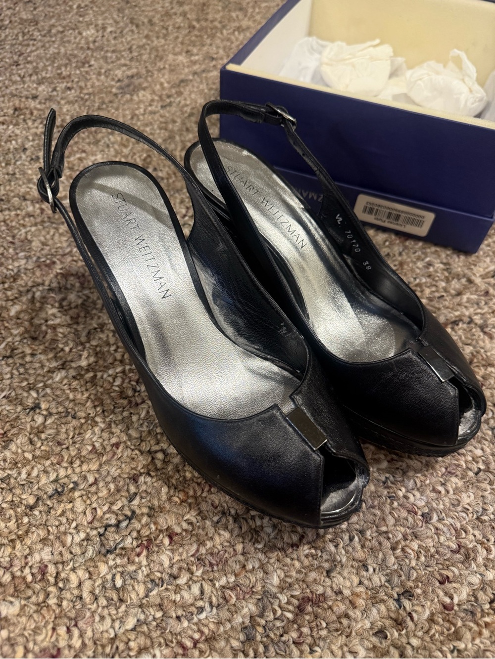 Stuart Weitzman Black Leather Peep-Toe Slingback Heels